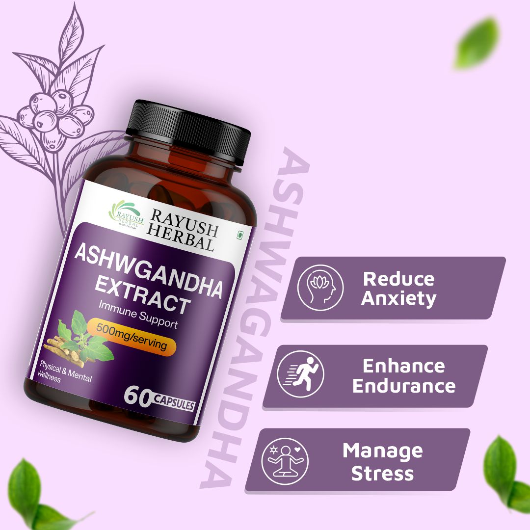 Rayush Herbal Ashwagandha Capsules | Enhance Stamina | Reduce Anxiety & Stress Levels | 500mg/ Serving | 60 Capsules
