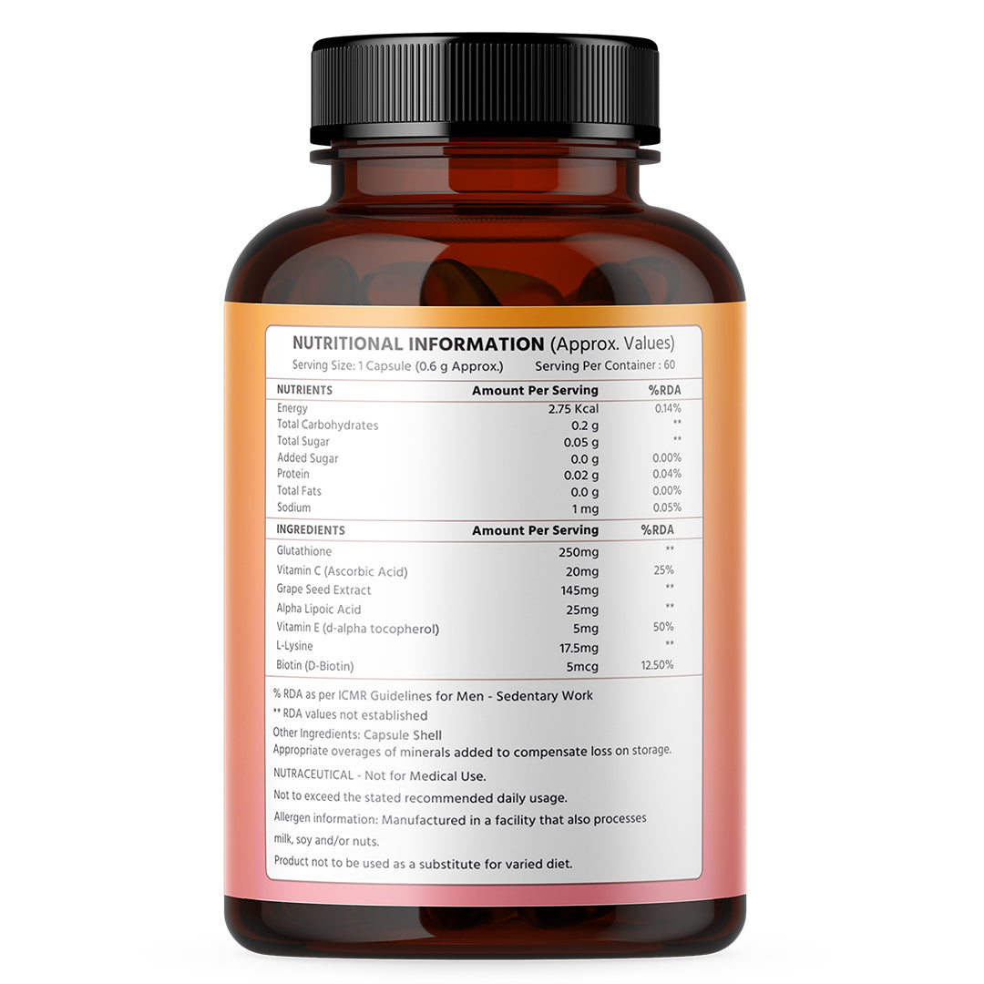 Rayush Herbal L Glutathione Builder | For Skin Elasticity, Hydration and Anti-Ageing | 250mg Per Serving | 60 Capsules