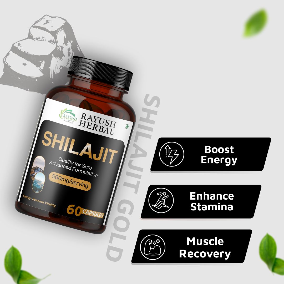 Rayush Herbal Shilajit Gold Capsules with Safed Musli | Enhance Power & Stamina | Build Muscle Mass | 60 Capsules