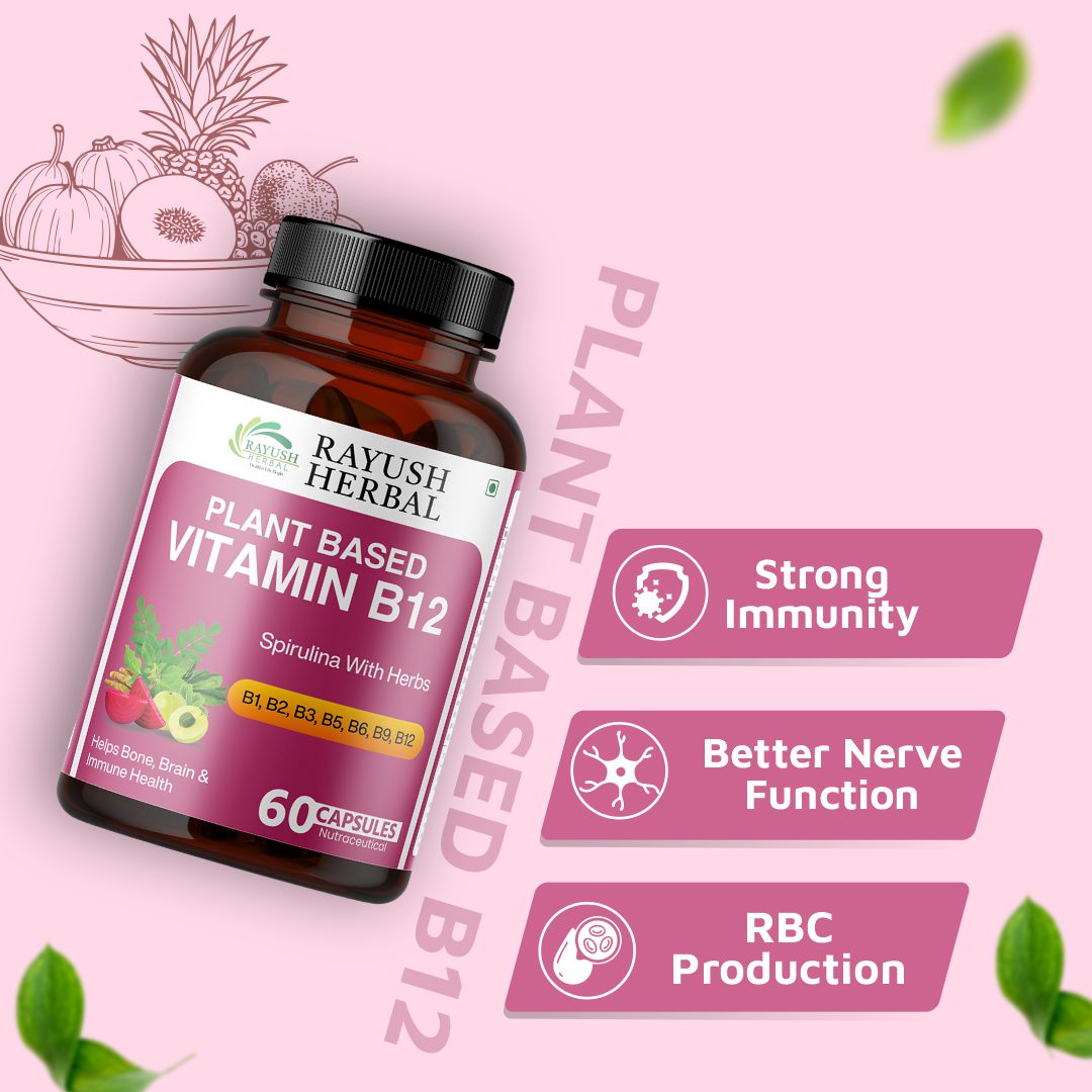 Rayush Herbal Plant Based Vitamin B12 | With B1, B2, B3, B5, B6, B9, B12 | Better Brain & Cognitive Functioning | 60 Capsules