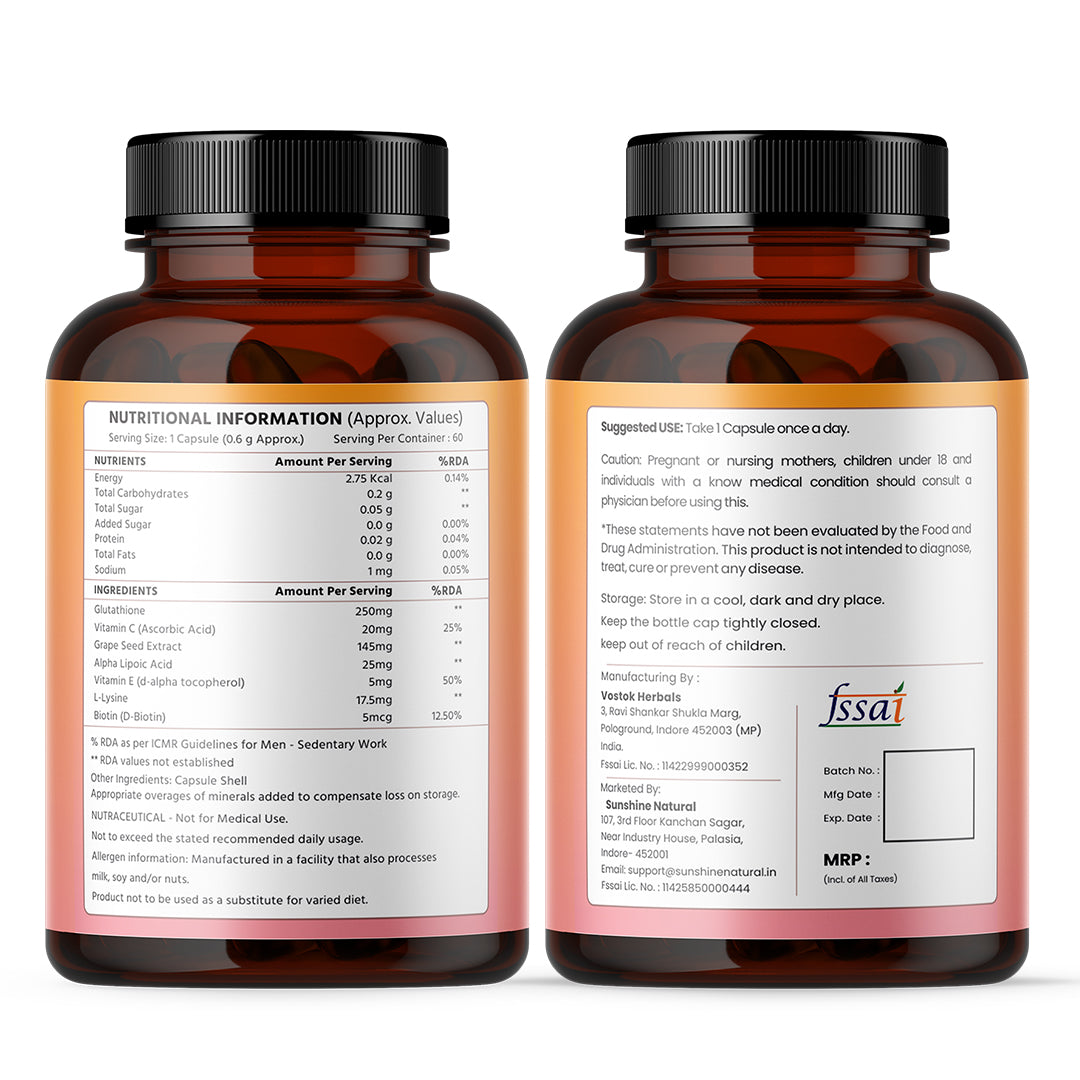 Rayush Herbal L Glutathione Builder | For Skin Elasticity, Hydration and Anti-Ageing | 250mg Per Serving | 60 Capsules