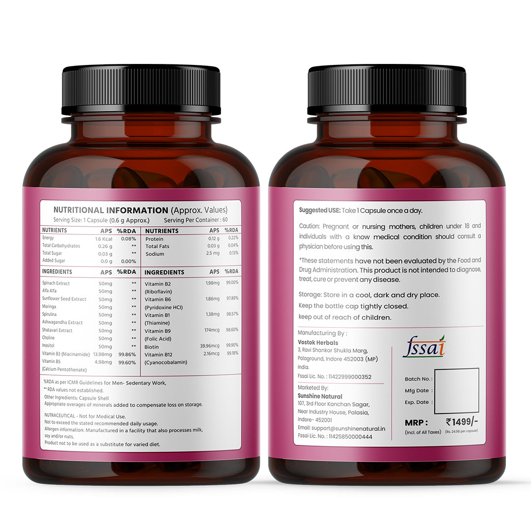 Rayush Herbal Plant Based Vitamin B12 | With B1, B2, B3, B5, B6, B9, B12 | Better Brain & Cognitive Functioning | 60 Capsules